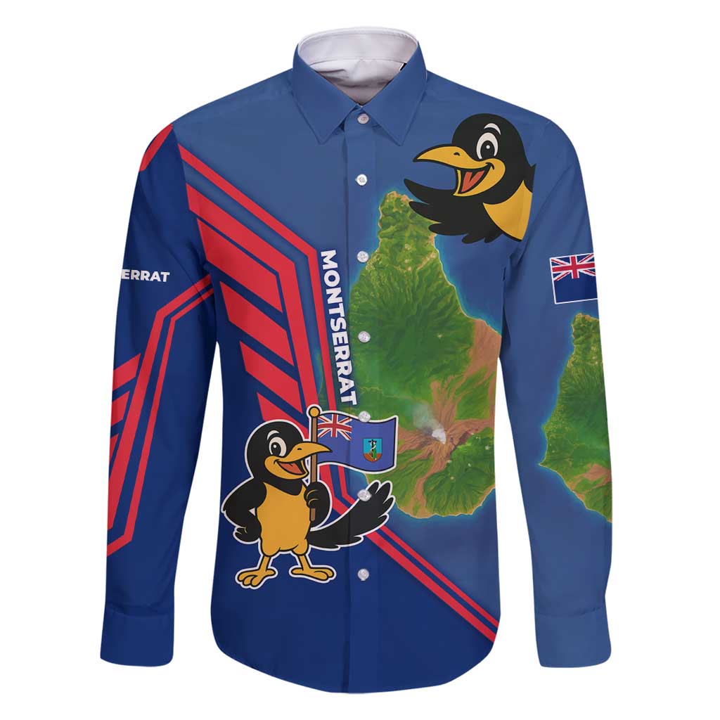 Montserrat Family Matching Off Shoulder Maxi Dress and Hawaiian Shirt with Cartoon Bird and Island Map Blue Red Stripe Design - Wonder Print Shop