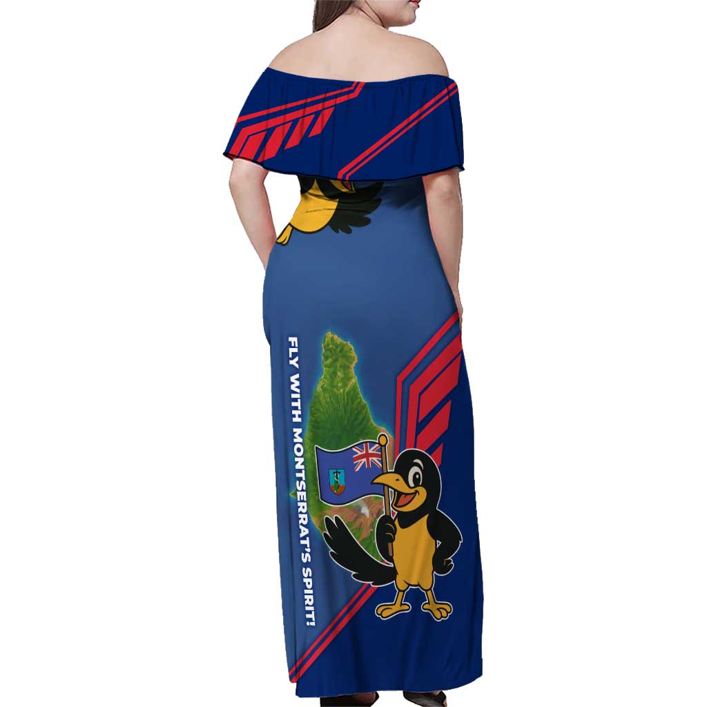Montserrat Family Matching Off Shoulder Maxi Dress and Hawaiian Shirt with Cartoon Bird and Island Map Blue Red Stripe Design - Wonder Print Shop