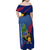 Montserrat Family Matching Off Shoulder Maxi Dress and Hawaiian Shirt with Cartoon Bird and Island Map Blue Red Stripe Design - Wonder Print Shop