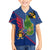 Montserrat Family Matching Off Shoulder Maxi Dress and Hawaiian Shirt with Cartoon Bird and Island Map Blue Red Stripe Design - Wonder Print Shop