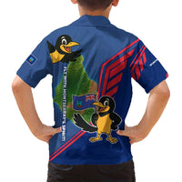 Montserrat Family Matching Off Shoulder Short Dress and Hawaiian Shirt with Cartoon Bird and Island Map Blue Red Stripe Design - Wonder Print Shop
