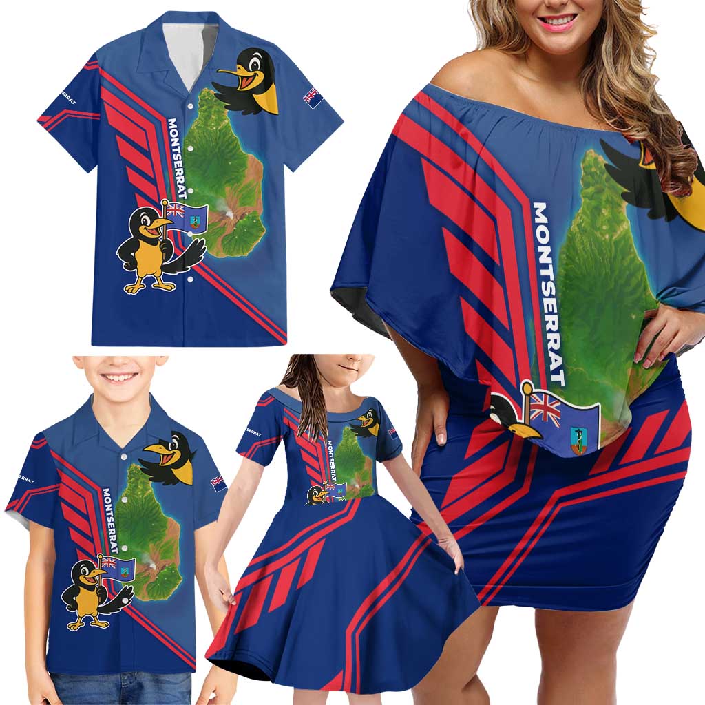 Montserrat Family Matching Off Shoulder Short Dress and Hawaiian Shirt with Cartoon Bird and Island Map Blue Red Stripe Design - Wonder Print Shop
