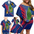 Montserrat Family Matching Off Shoulder Short Dress and Hawaiian Shirt with Cartoon Bird and Island Map Blue Red Stripe Design - Wonder Print Shop