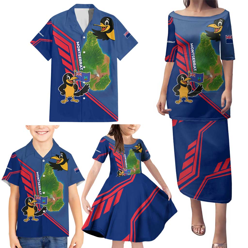 Montserrat Family Matching Puletasi and Hawaiian Shirt with Cartoon Bird and Island Map Blue Red Stripe Design - Wonder Print Shop