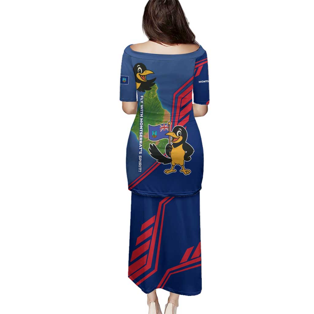Montserrat Family Matching Puletasi and Hawaiian Shirt with Cartoon Bird and Island Map Blue Red Stripe Design - Wonder Print Shop