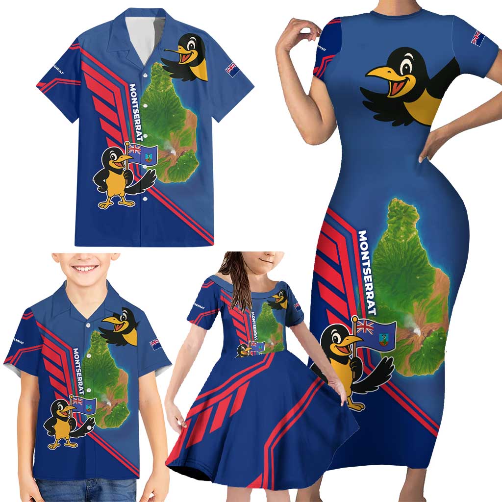 Montserrat Family Matching Short Sleeve Bodycon Dress and Hawaiian Shirt with Cartoon Bird and Island Map Blue Red Stripe Design - Wonder Print Shop
