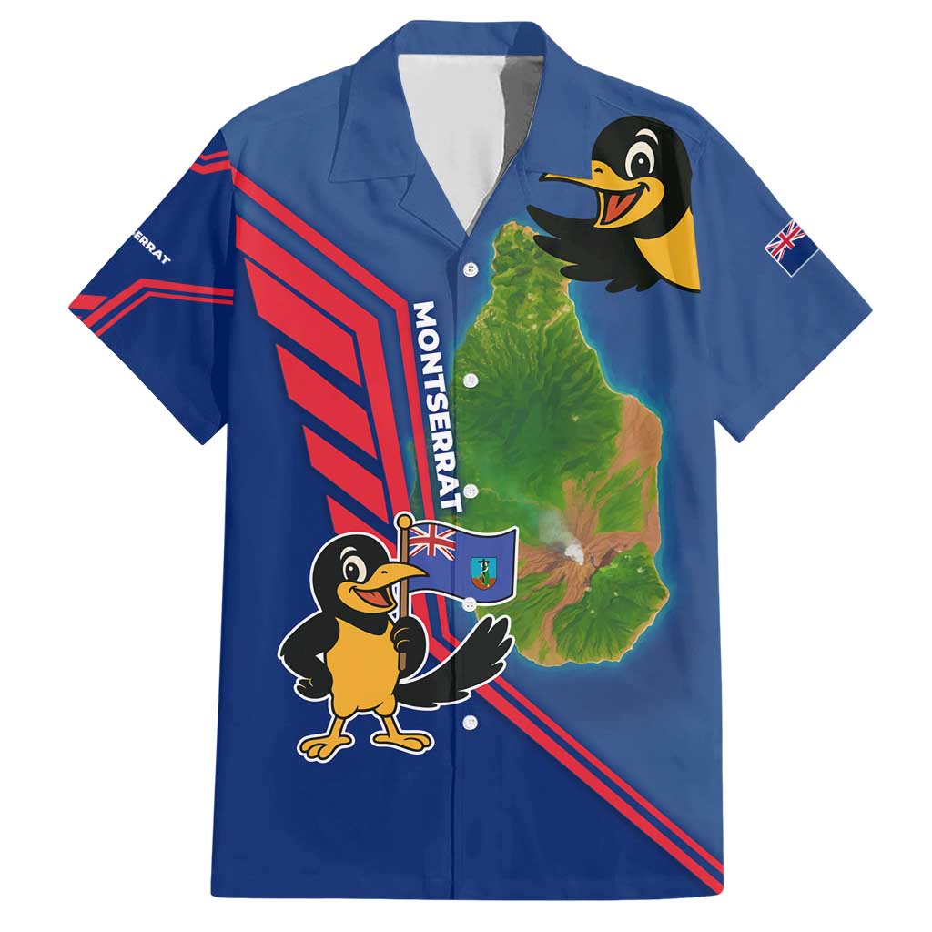 Montserrat Family Matching Short Sleeve Bodycon Dress and Hawaiian Shirt with Cartoon Bird and Island Map Blue Red Stripe Design - Wonder Print Shop