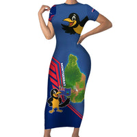 Montserrat Family Matching Short Sleeve Bodycon Dress and Hawaiian Shirt with Cartoon Bird and Island Map Blue Red Stripe Design - Wonder Print Shop