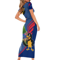 Montserrat Family Matching Short Sleeve Bodycon Dress and Hawaiian Shirt with Cartoon Bird and Island Map Blue Red Stripe Design - Wonder Print Shop