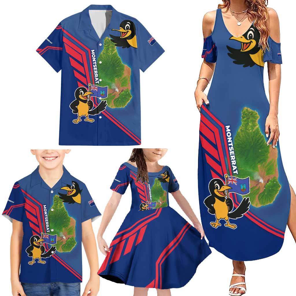 Montserrat Family Matching Summer Maxi Dress and Hawaiian Shirt with Cartoon Bird and Island Map Blue Red Stripe Design - Wonder Print Shop