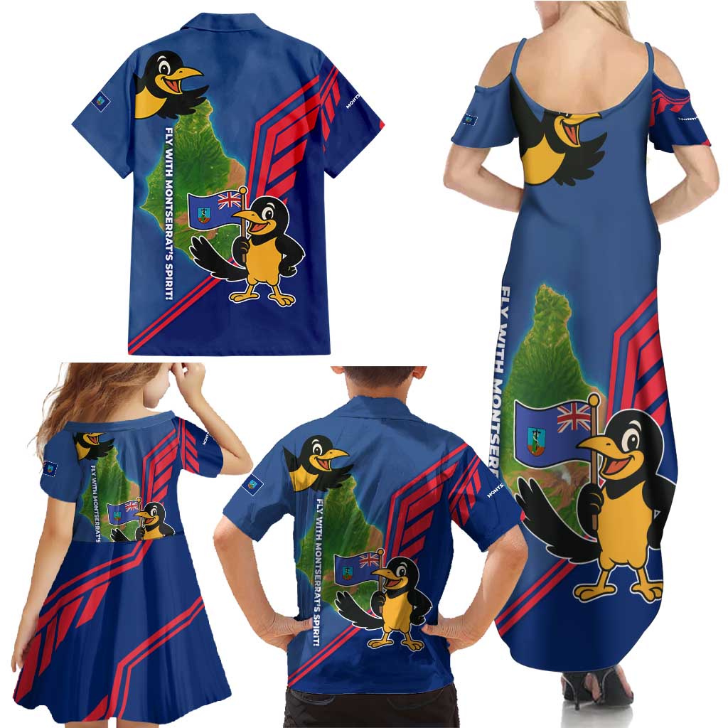 Montserrat Family Matching Summer Maxi Dress and Hawaiian Shirt with Cartoon Bird and Island Map Blue Red Stripe Design - Wonder Print Shop