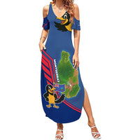 Montserrat Family Matching Summer Maxi Dress and Hawaiian Shirt with Cartoon Bird and Island Map Blue Red Stripe Design - Wonder Print Shop