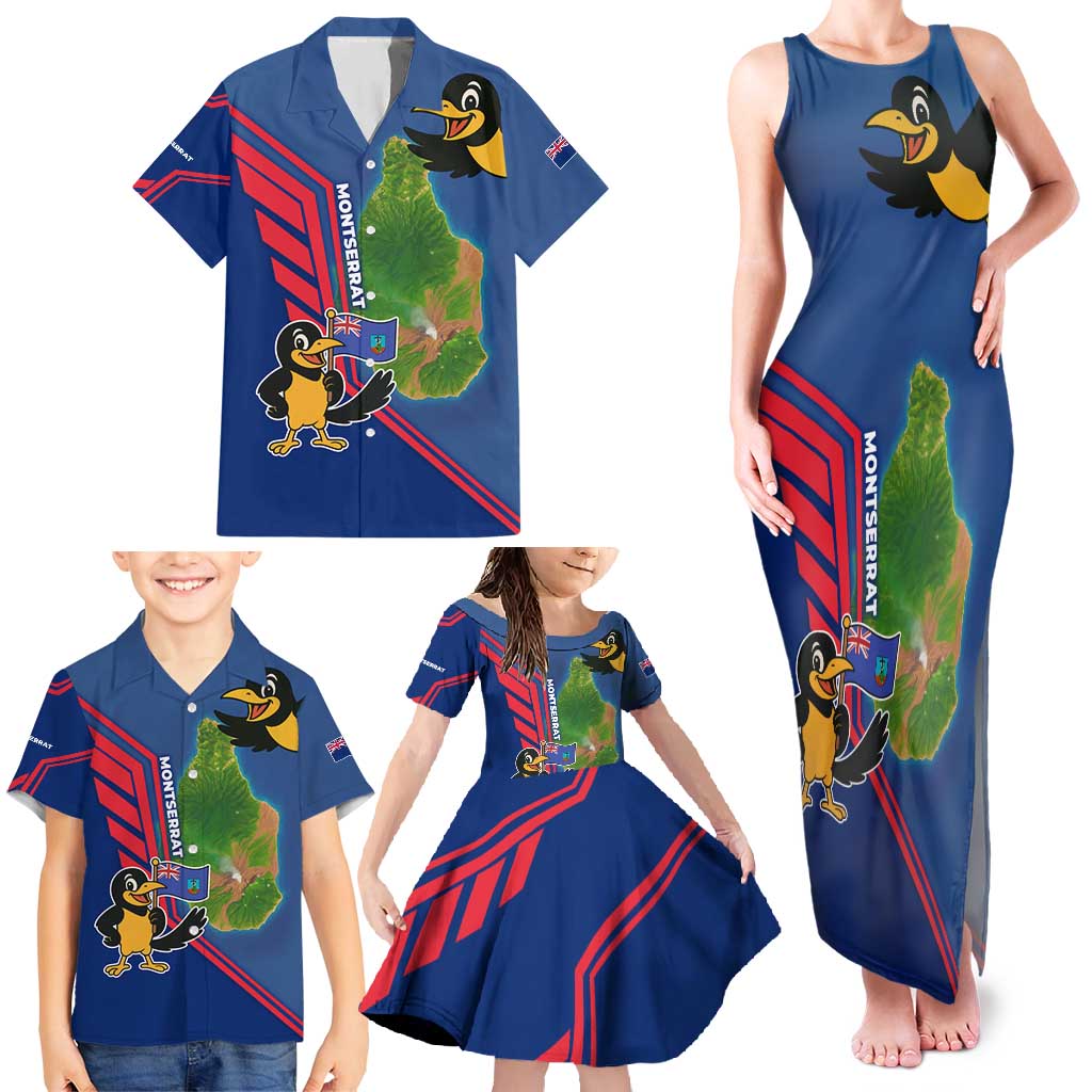 Montserrat Family Matching Tank Maxi Dress and Hawaiian Shirt with Cartoon Bird and Island Map Blue Red Stripe Design - Wonder Print Shop