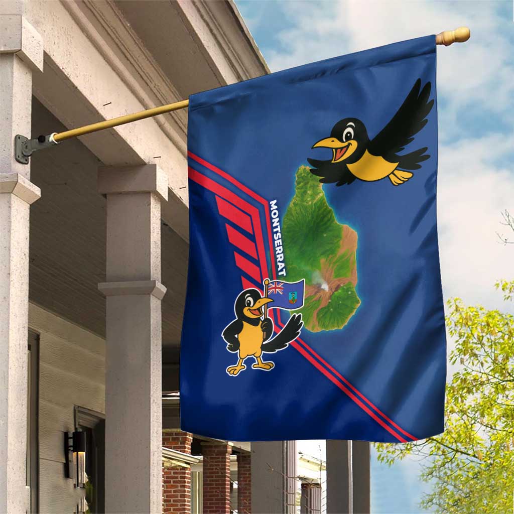 Montserrat Garden Flag with Cartoon Bird and Island Map Blue Red Stripe Design - Wonder Print Shop