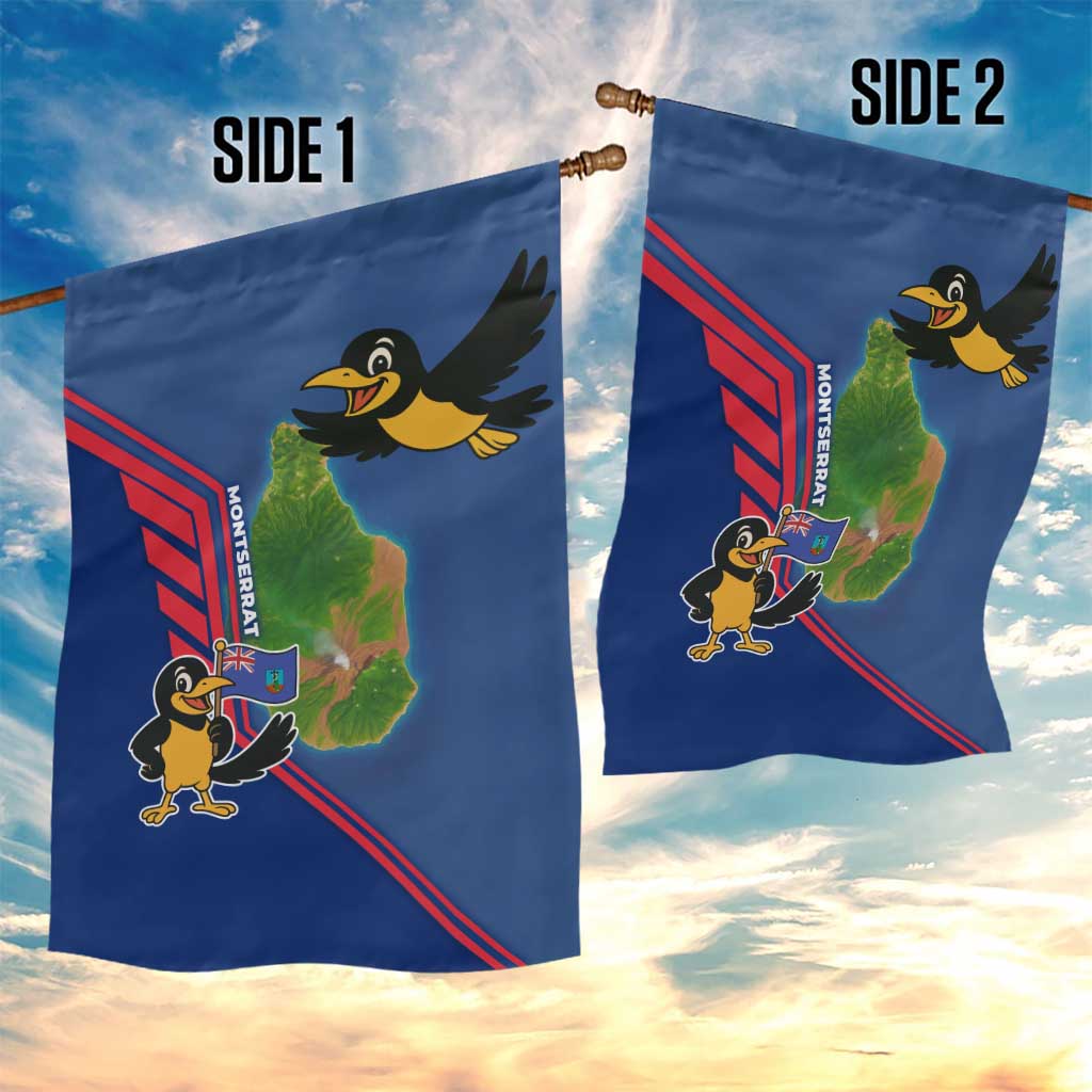 Montserrat Garden Flag with Cartoon Bird and Island Map Blue Red Stripe Design - Wonder Print Shop