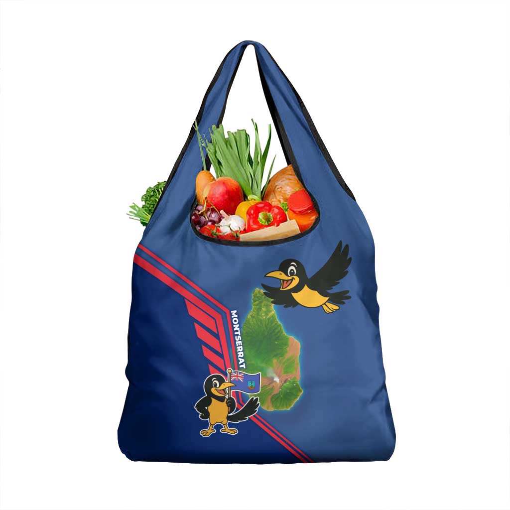 Montserrat Grocery Bag with Cartoon Bird and Island Map Blue Red Stripe Design - Wonder Print Shop