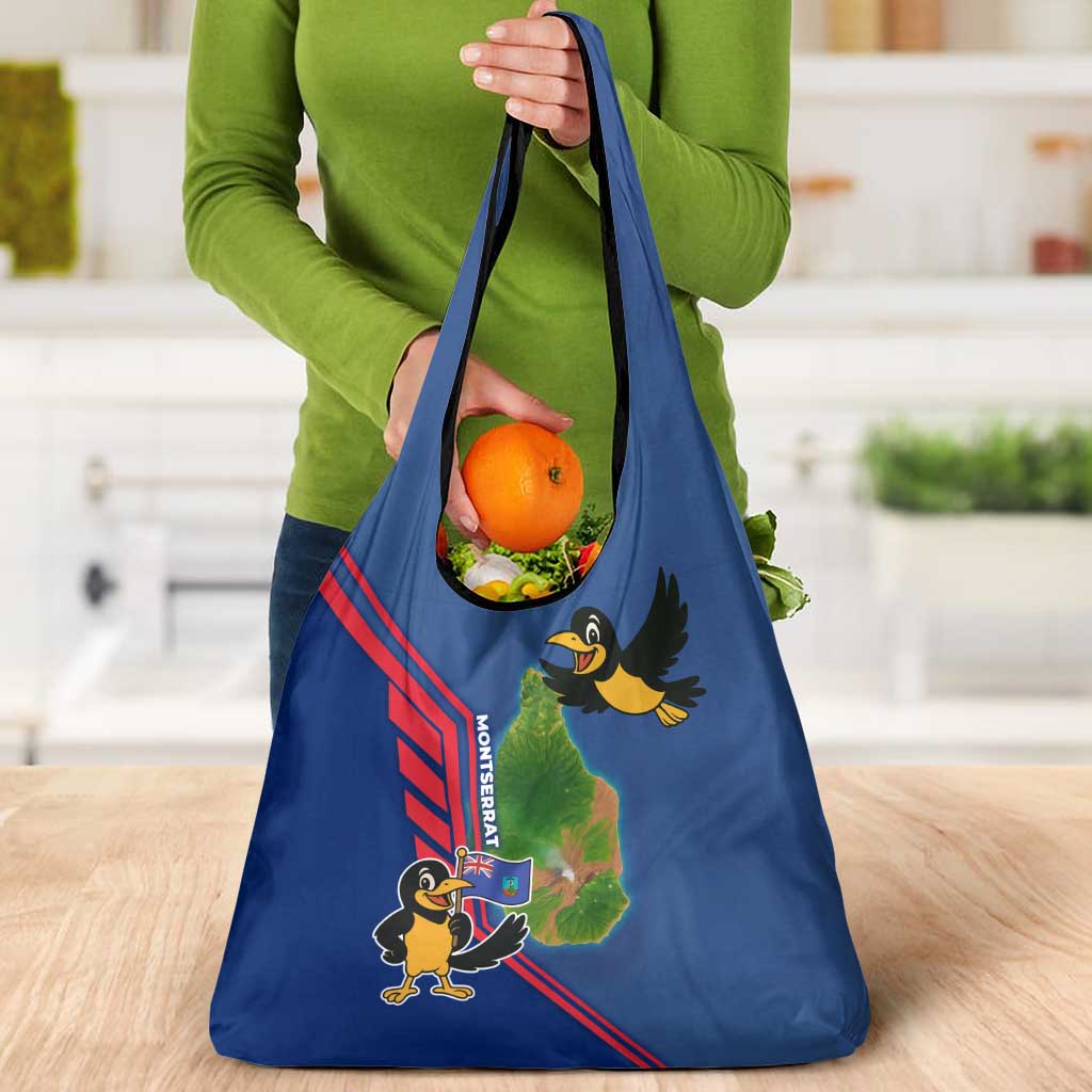 Montserrat Grocery Bag with Cartoon Bird and Island Map Blue Red Stripe Design - Wonder Print Shop