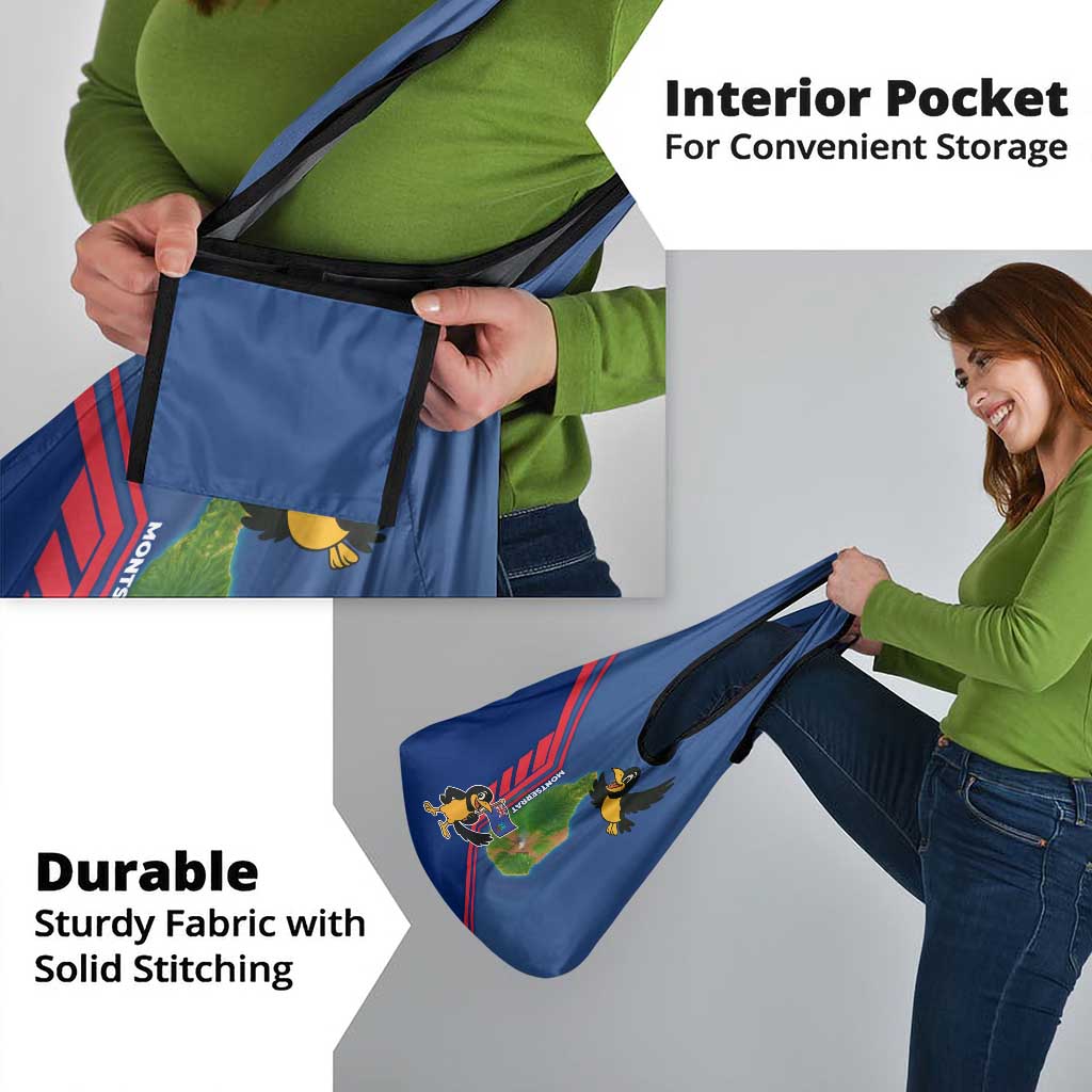 Montserrat Grocery Bag with Cartoon Bird and Island Map Blue Red Stripe Design - Wonder Print Shop