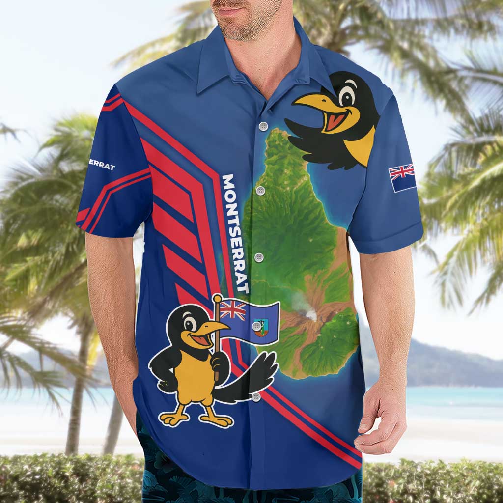Montserrat Hawaiian Shirt with Cartoon Bird and Island Map Blue Red Stripe Design - Wonder Print Shop