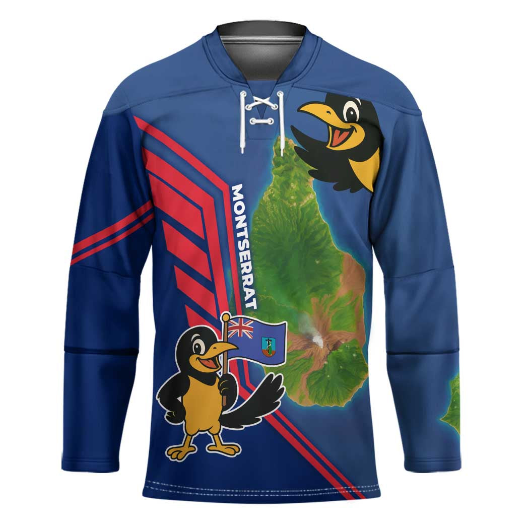 Montserrat Hockey Jersey with Cartoon Bird and Island Map Blue Red Stripe Design - Wonder Print Shop