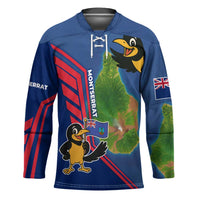 Montserrat Hockey Jersey with Cartoon Bird and Island Map Blue Red Stripe Design - Wonder Print Shop
