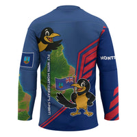 Montserrat Hockey Jersey with Cartoon Bird and Island Map Blue Red Stripe Design - Wonder Print Shop