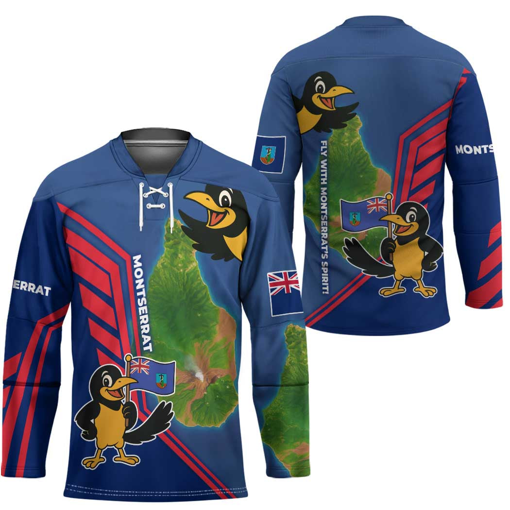 Montserrat Hockey Jersey with Cartoon Bird and Island Map Blue Red Stripe Design - Wonder Print Shop