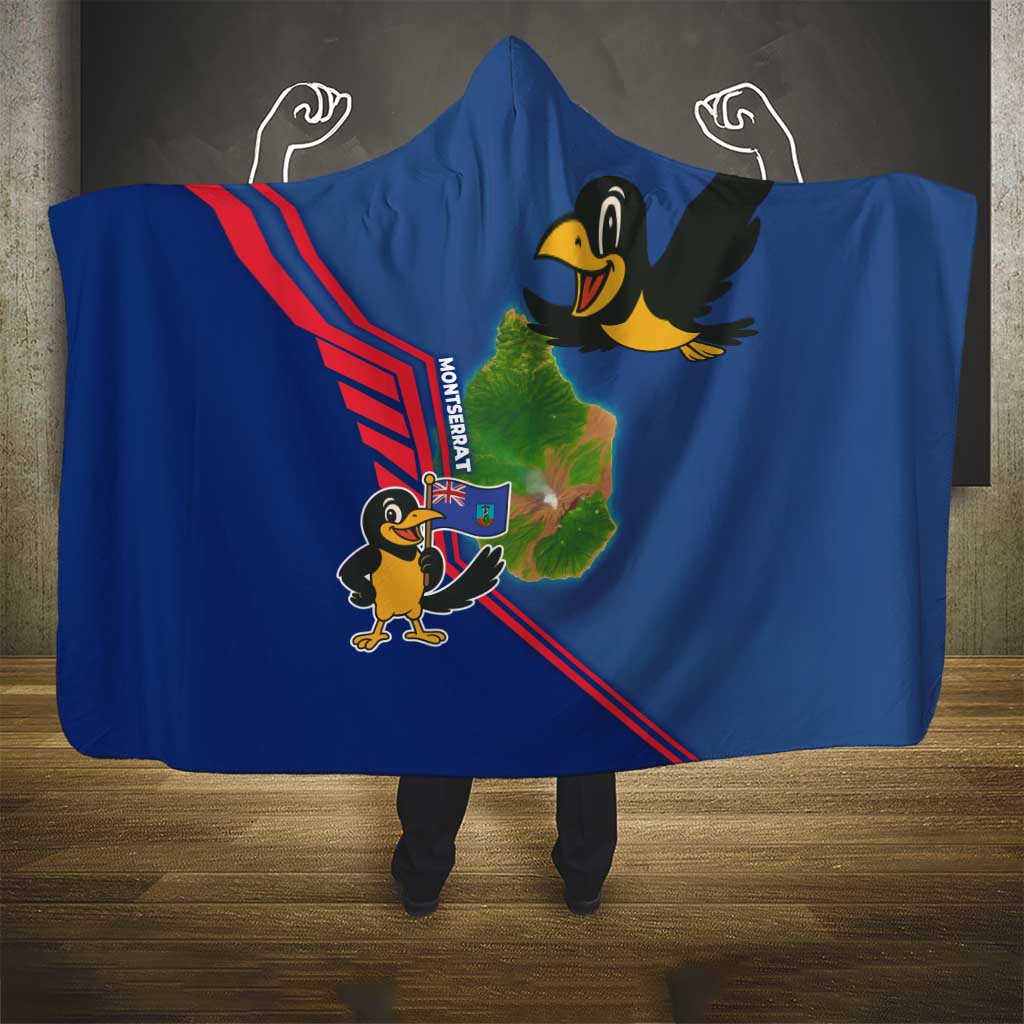 Montserrat Hooded Blanket with Cartoon Bird and Island Map Blue Red Stripe Design - Wonder Print Shop