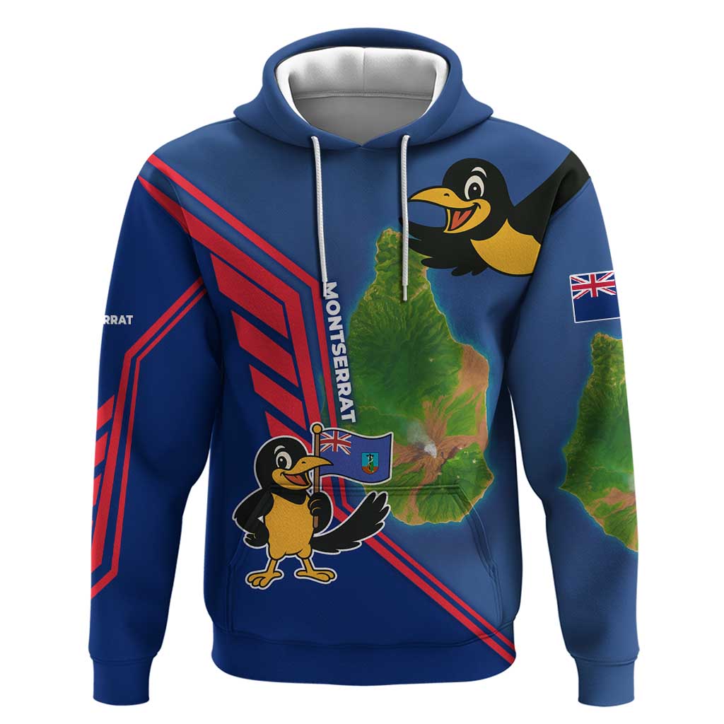 Montserrat Hoodie with Cartoon Bird and Island Map Blue Red Stripe Design - Wonder Print Shop