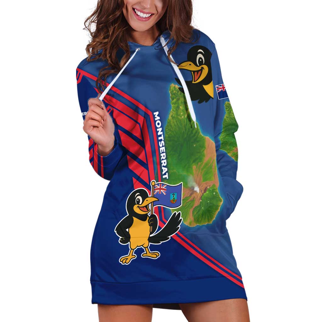 Montserrat Hoodie Dress with Cartoon Bird and Island Map Blue Red Stripe Design - Wonder Print Shop