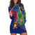 Montserrat Hoodie Dress with Cartoon Bird and Island Map Blue Red Stripe Design - Wonder Print Shop