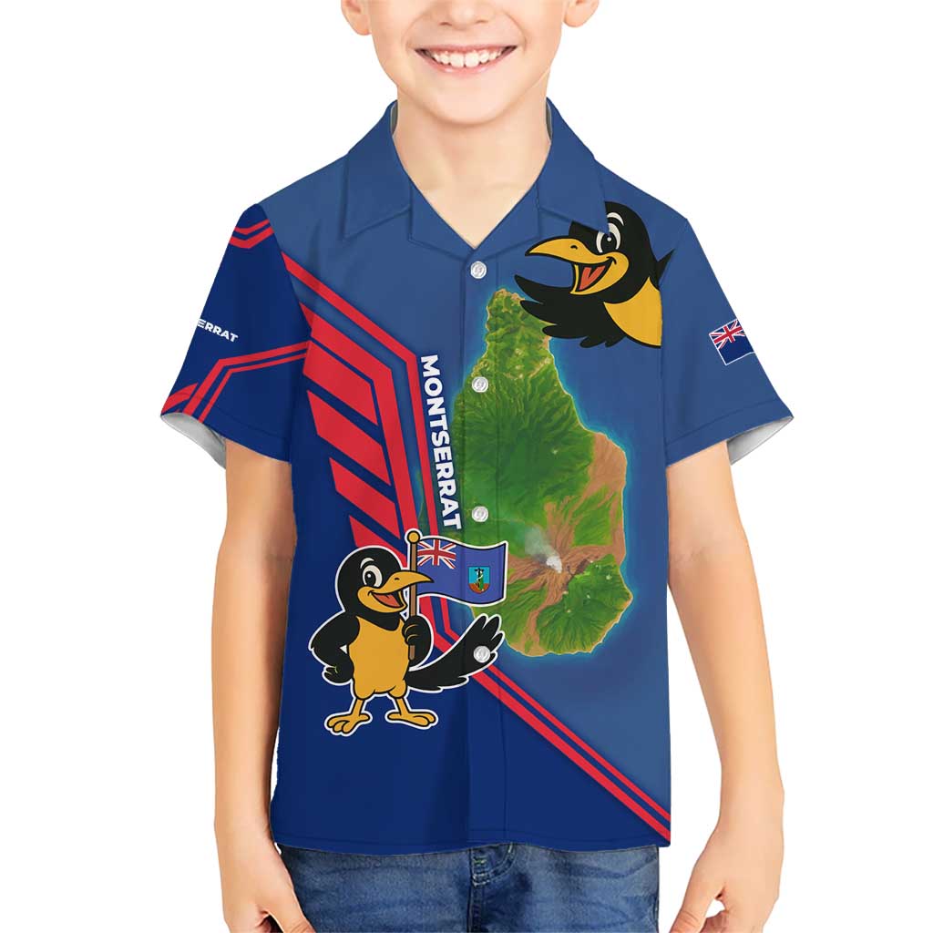 Montserrat Kid Hawaiian Shirt with Cartoon Bird and Island Map Blue Red Stripe Design - Wonder Print Shop