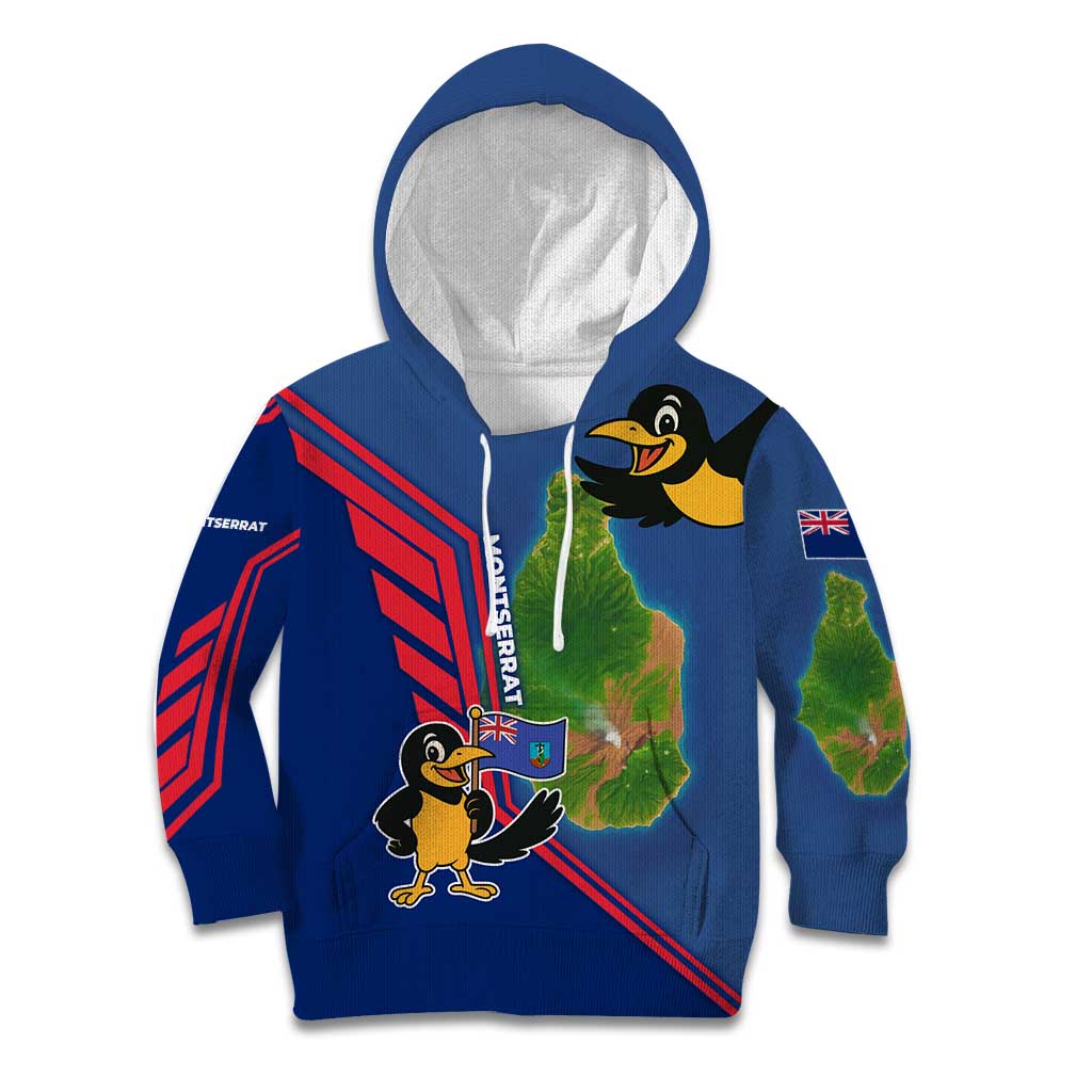 Montserrat Kid Hoodie with Cartoon Bird and Island Map Blue Red Stripe Design - Wonder Print Shop
