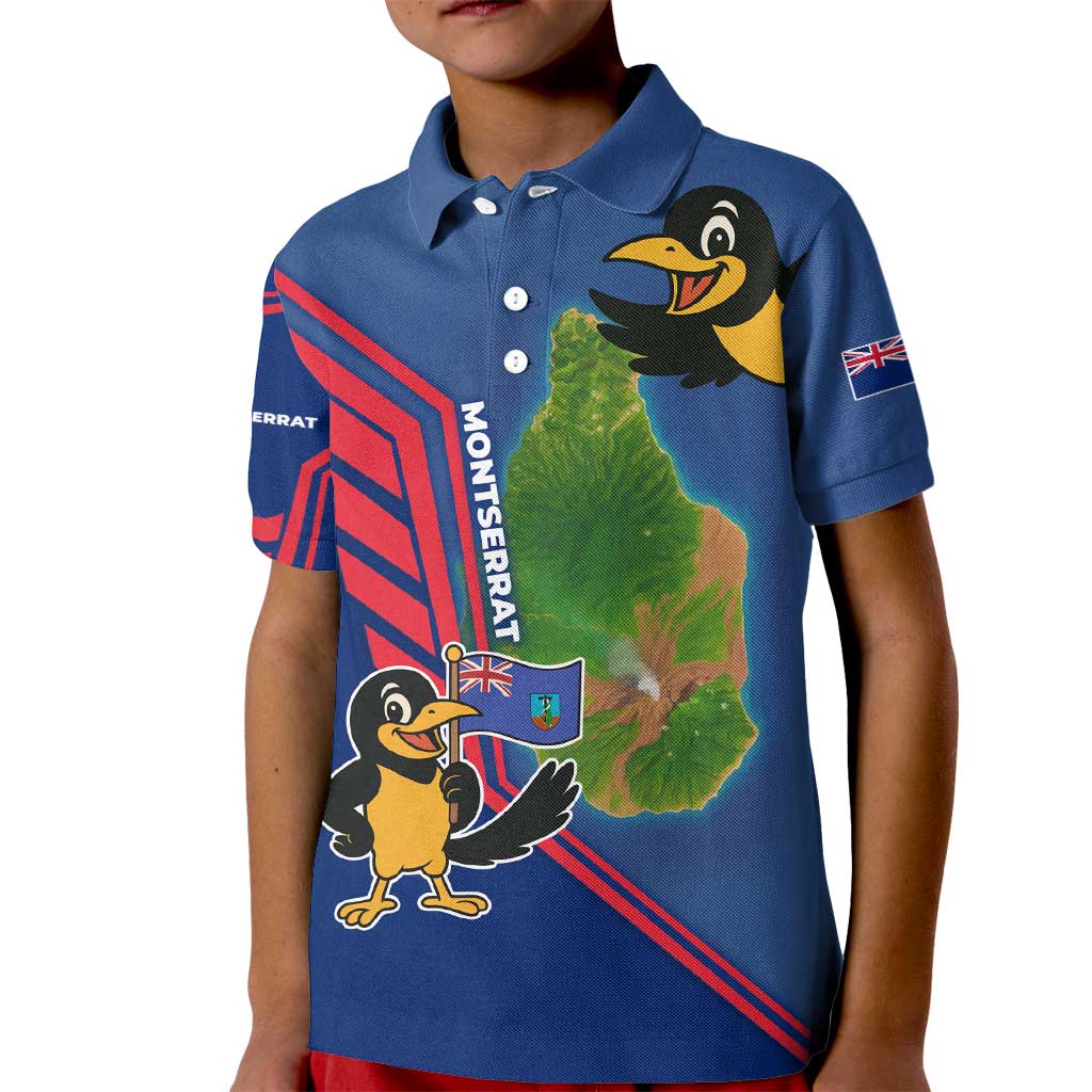 Montserrat Kid Polo Shirt with Cartoon Bird and Island Map Blue Red Stripe Design - Wonder Print Shop