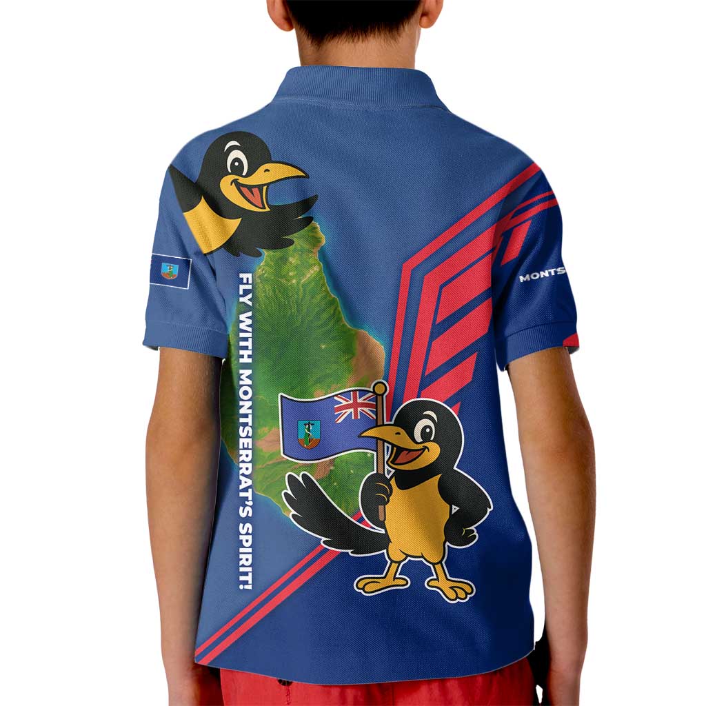 Montserrat Kid Polo Shirt with Cartoon Bird and Island Map Blue Red Stripe Design - Wonder Print Shop