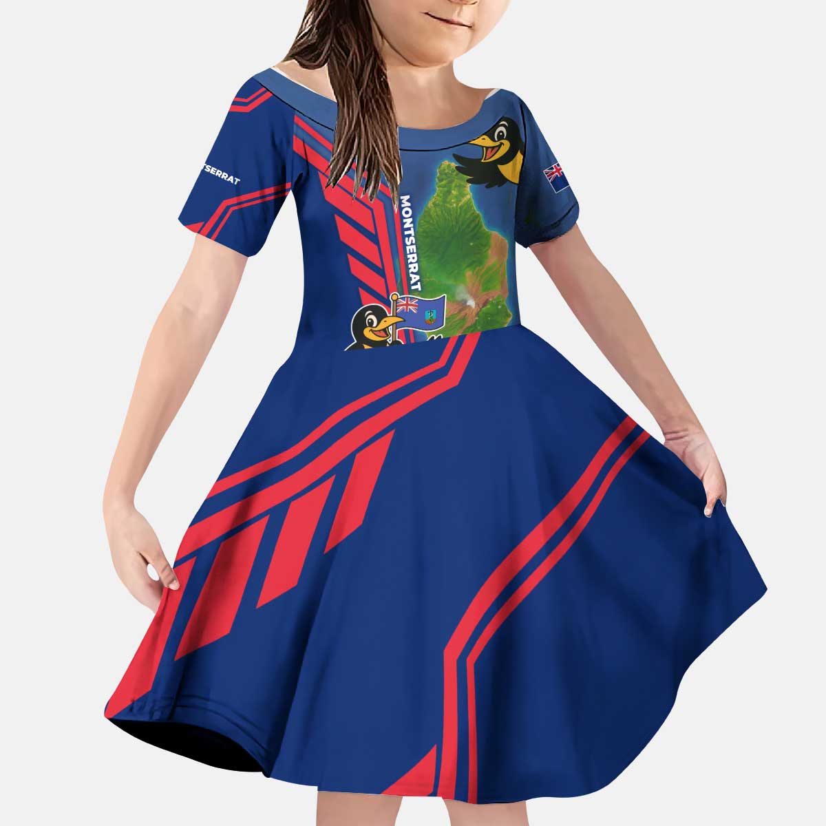 Montserrat Kid Short Sleeve Dress with Cartoon Bird and Island Map Blue Red Stripe Design - Wonder Print Shop