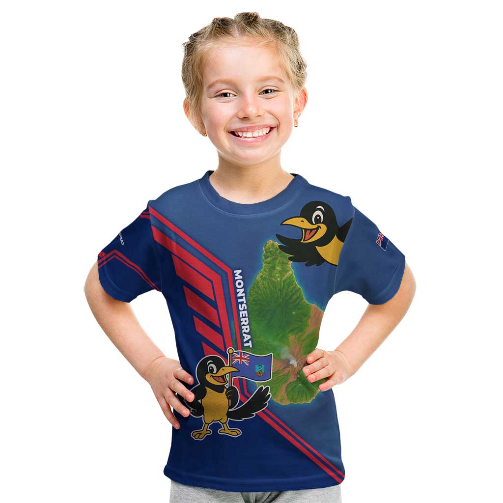 Montserrat Kid T Shirt with Cartoon Bird and Island Map Blue Red Stripe Design - Wonder Print Shop