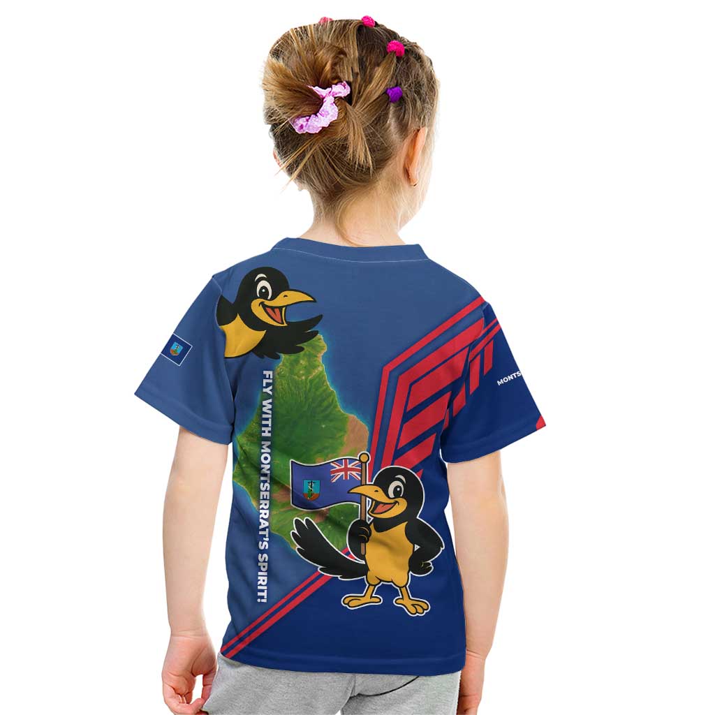 Montserrat Kid T Shirt with Cartoon Bird and Island Map Blue Red Stripe Design - Wonder Print Shop