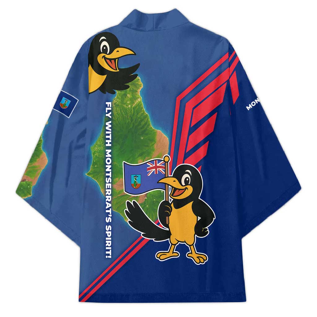 Montserrat Kimono with Cartoon Bird and Island Map Blue Red Stripe Design - Wonder Print Shop