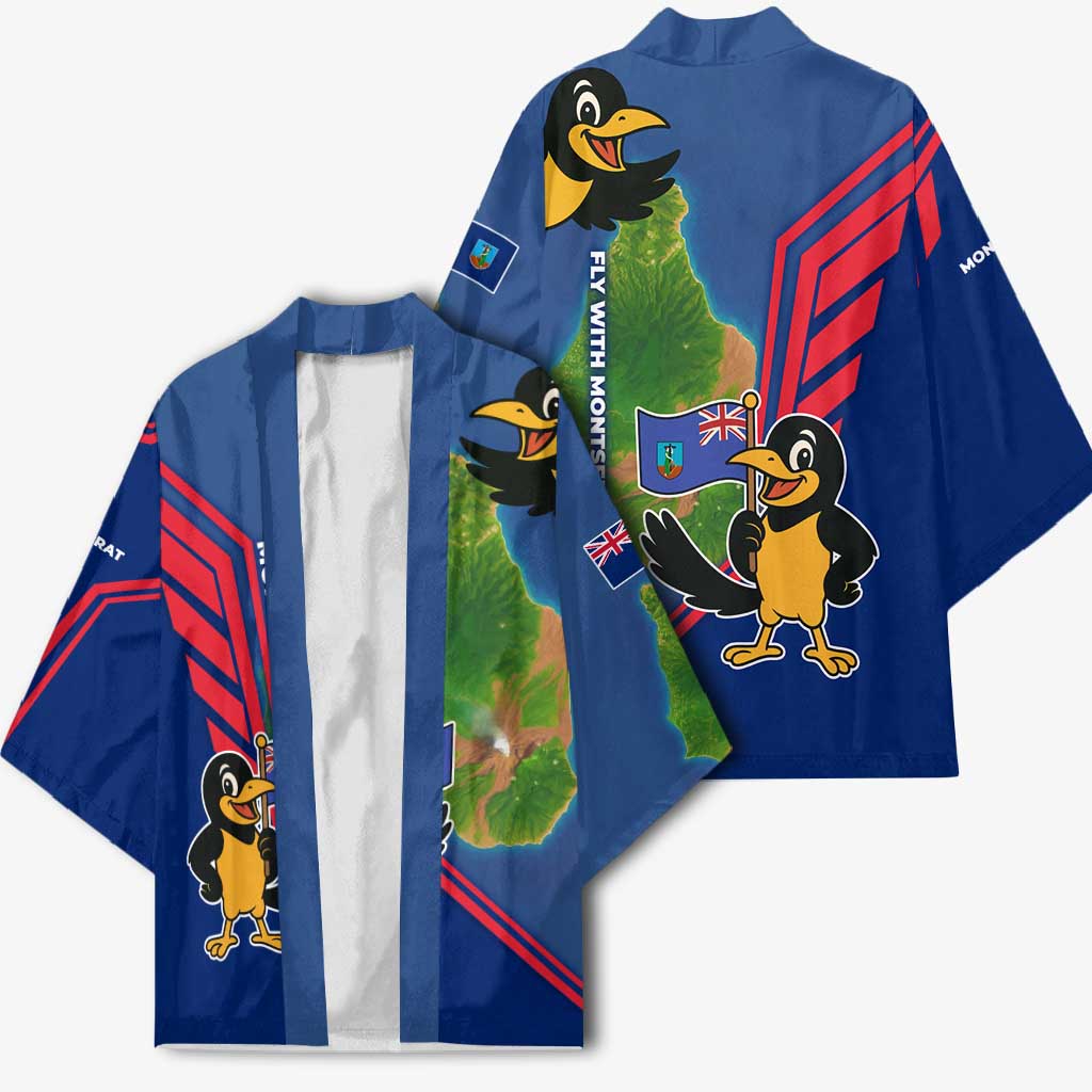 Montserrat Kimono with Cartoon Bird and Island Map Blue Red Stripe Design - Wonder Print Shop