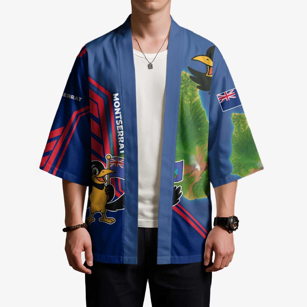 Montserrat Kimono with Cartoon Bird and Island Map Blue Red Stripe Design - Wonder Print Shop