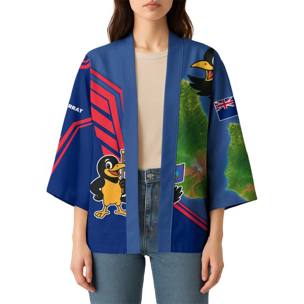 Montserrat Kimono with Cartoon Bird and Island Map Blue Red Stripe Design - Wonder Print Shop