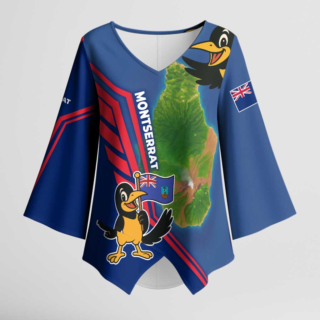 Montserrat Kimono Sleeve Blouse with Cartoon Bird and Island Map Blue Red Stripe Design - Wonder Print Shop