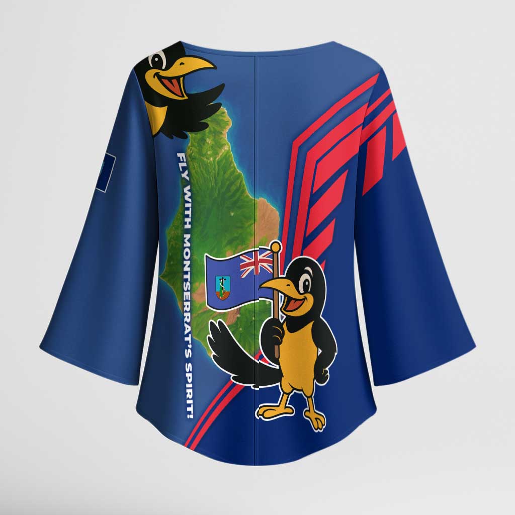 Montserrat Kimono Sleeve Blouse with Cartoon Bird and Island Map Blue Red Stripe Design - Wonder Print Shop
