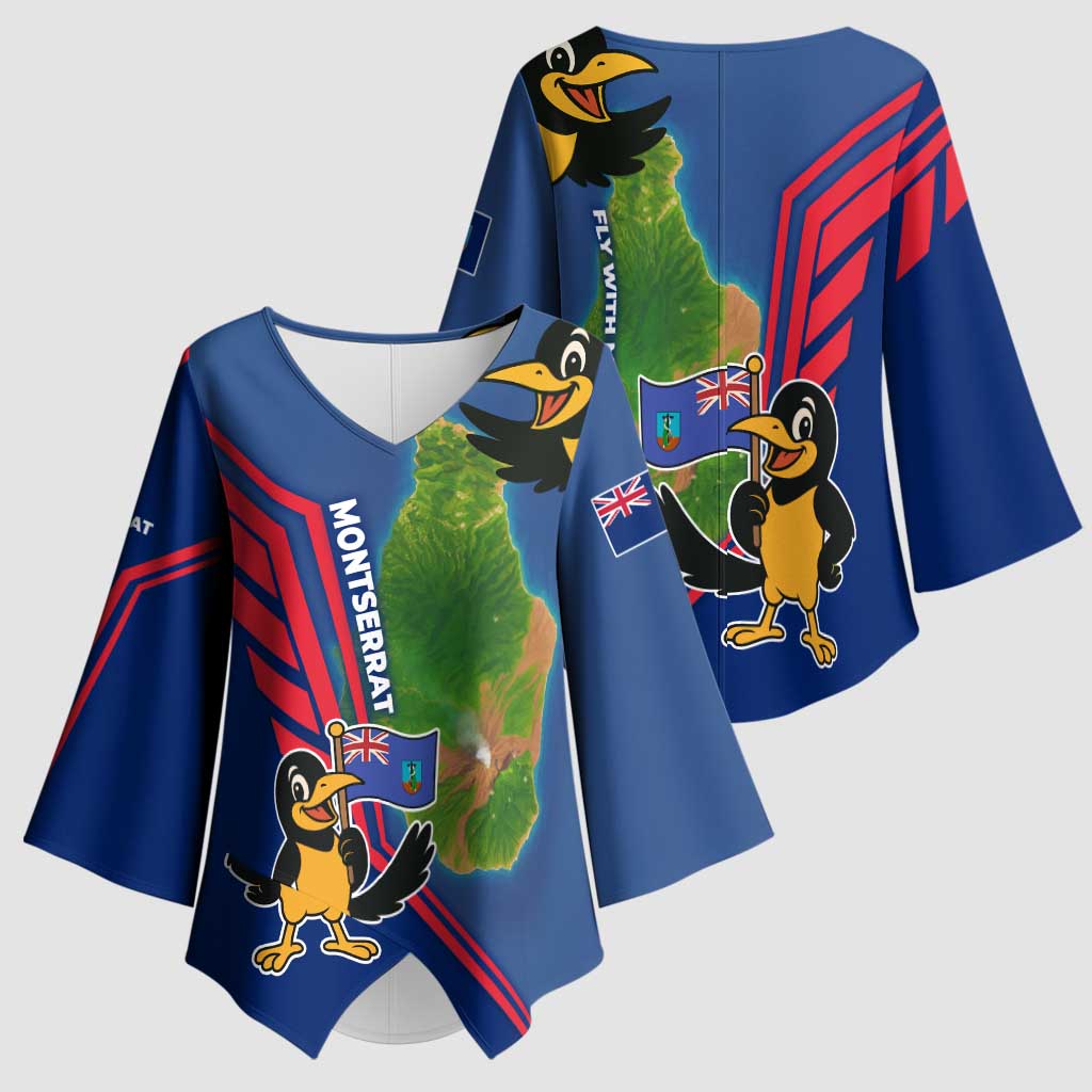 Montserrat Kimono Sleeve Blouse with Cartoon Bird and Island Map Blue Red Stripe Design - Wonder Print Shop
