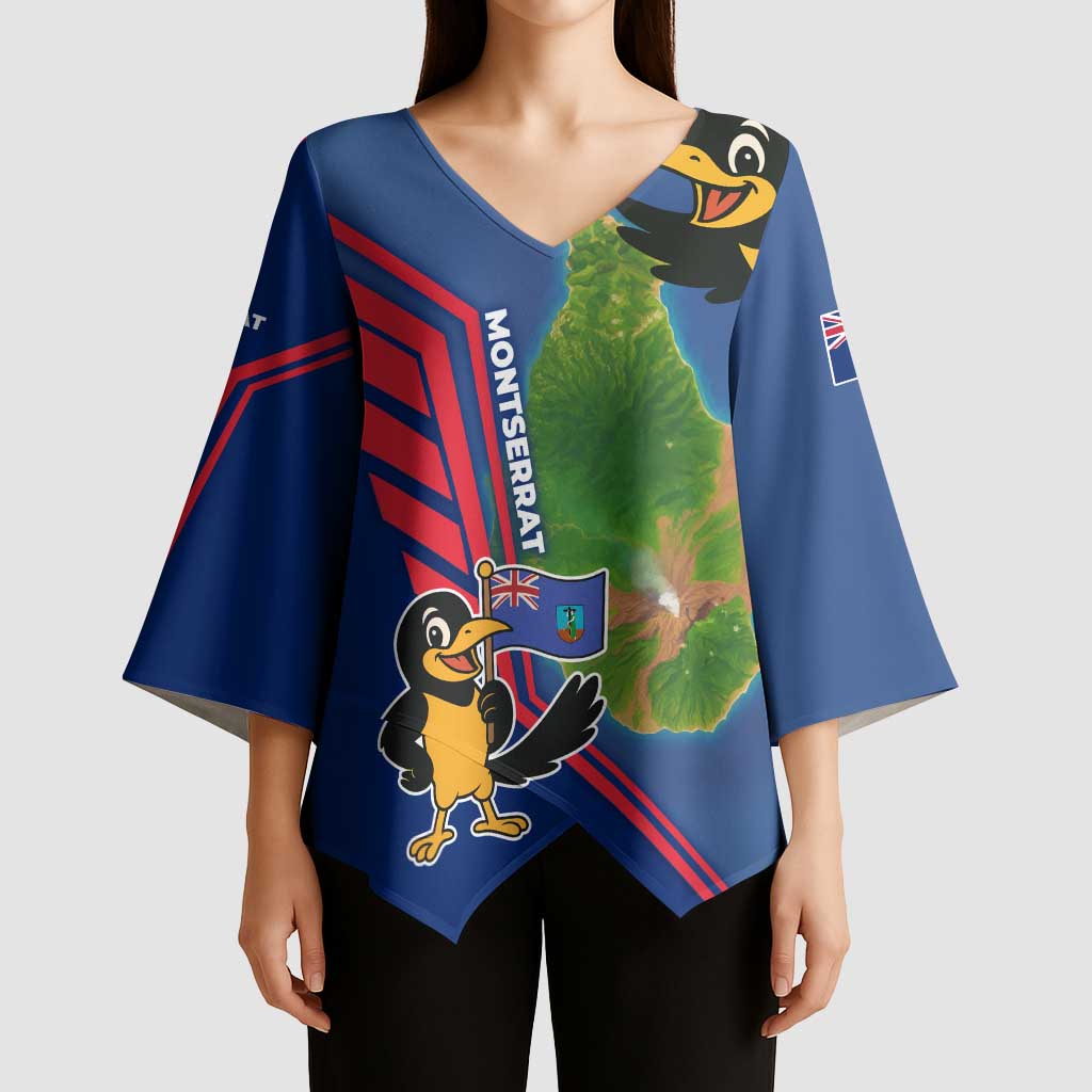 Montserrat Kimono Sleeve Blouse with Cartoon Bird and Island Map Blue Red Stripe Design - Wonder Print Shop