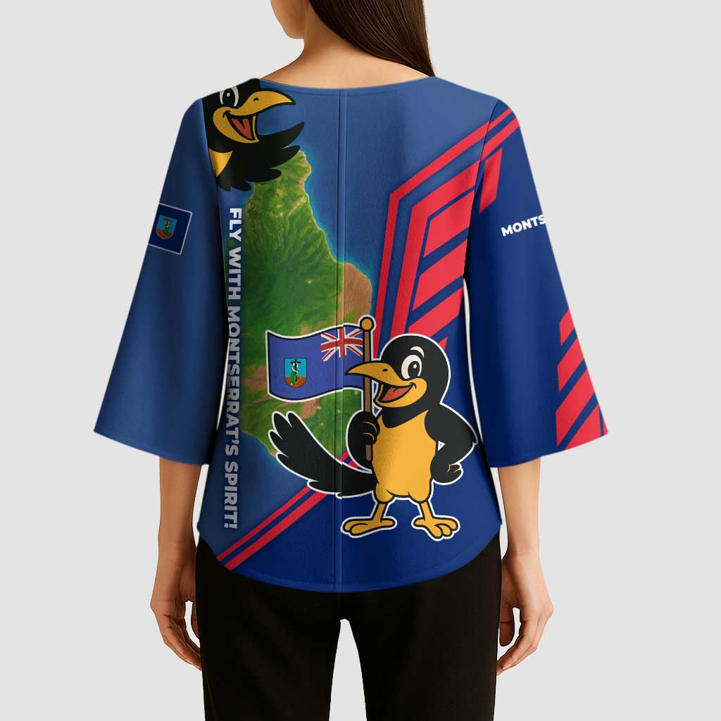 Montserrat Kimono Sleeve Blouse with Cartoon Bird and Island Map Blue Red Stripe Design - Wonder Print Shop