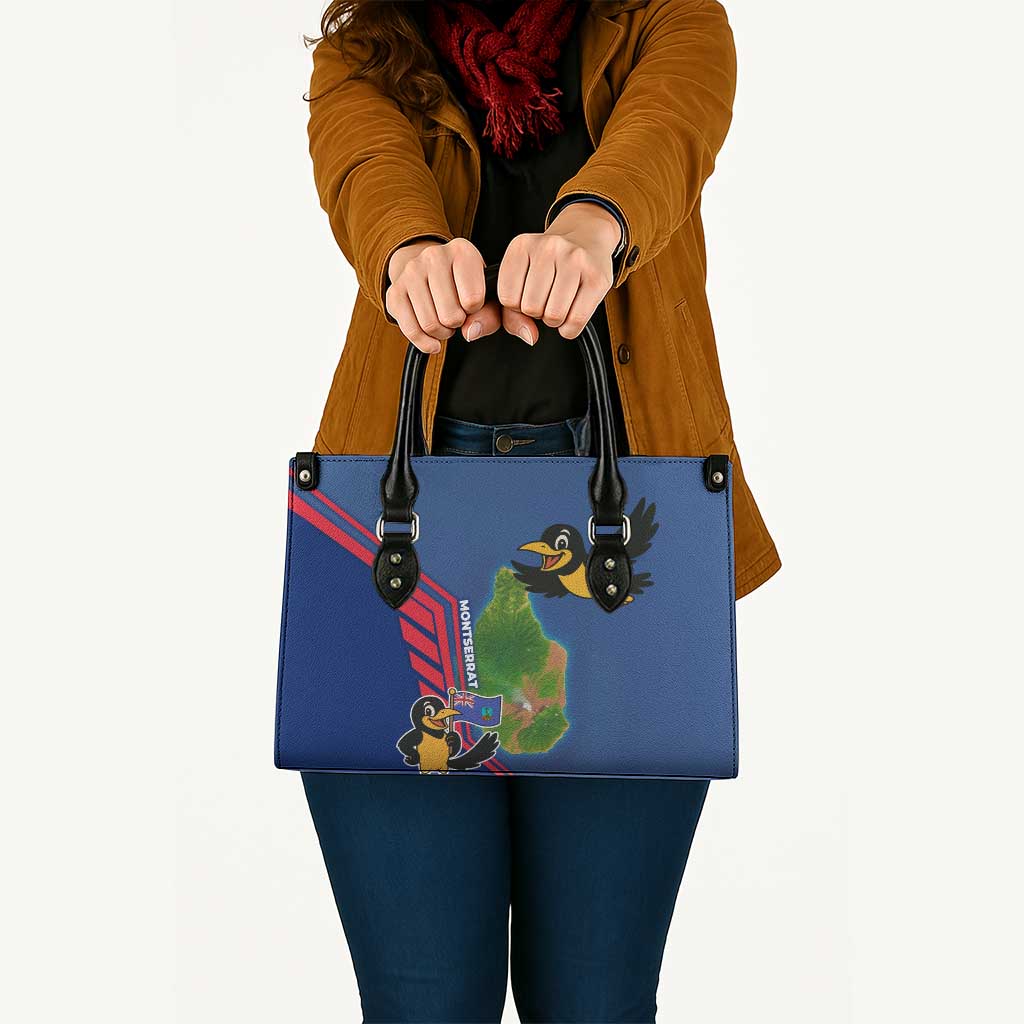 Montserrat Leather Bag with Cartoon Bird and Island Map Blue Red Stripe Design - Wonder Print Shop