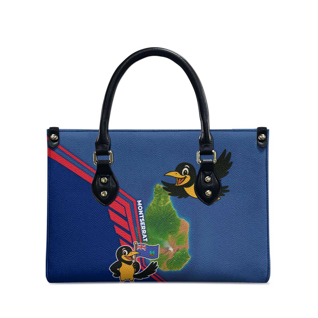 Montserrat Leather Bag with Cartoon Bird and Island Map Blue Red Stripe Design - Wonder Print Shop