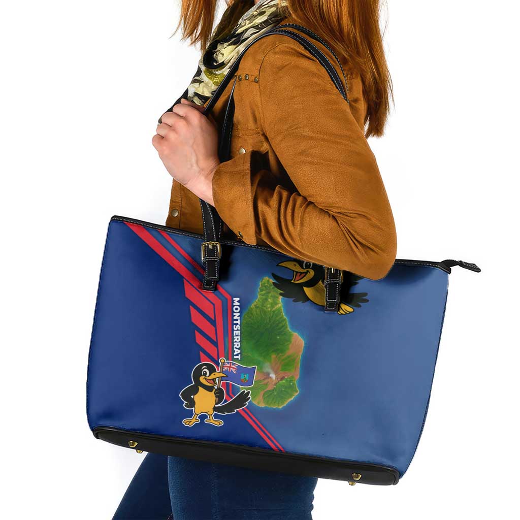 Montserrat Leather Tote Bag with Cartoon Bird and Island Map Blue Red Stripe Design - Wonder Print Shop